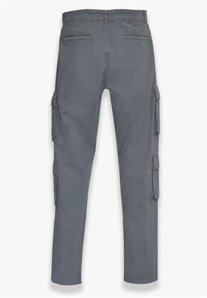 Grå cargo-bukser med lige ben, fire sidelommer og to baglommer. Lavet af robust stof med en glat tekstur.