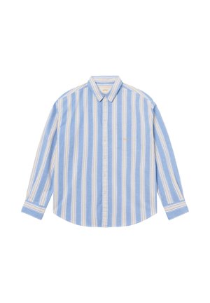 Blauw overhemd met lange mouwen, verticale witte en beige strepen, en een klein borstzakje aan de linkerkant.