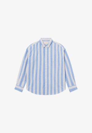 Blauw overhemd met lange mouwen, verticale witte en beige strepen, en een klein borstzakje aan de linkerkant.