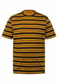 Camiseta de manga corta con rayas horizontales en negro y mostaza, cuello redondo y una textura suave y lisa.
