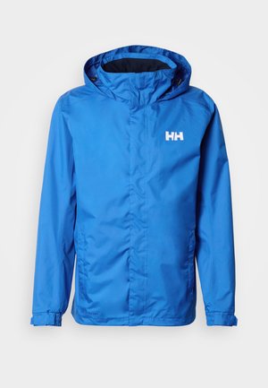 Niebieska wodoodporna kurtka z kapturem, z przednim zamkiem błyskawicznym, elastycznymi mankietami i białym logo na piersi. Gładka faktura, casualowy design.