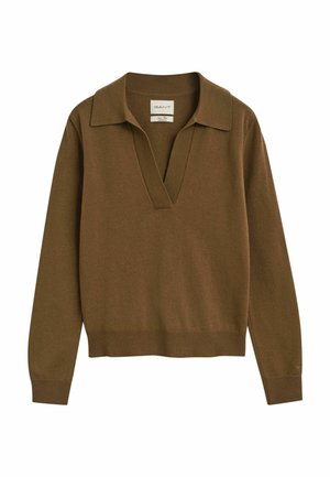 Brauner Langarmpullover mit V-Ausschnitt und spitzem Kragen. Gerippter Saum und Bündchen; weiche Textur, minimalistisches Design.