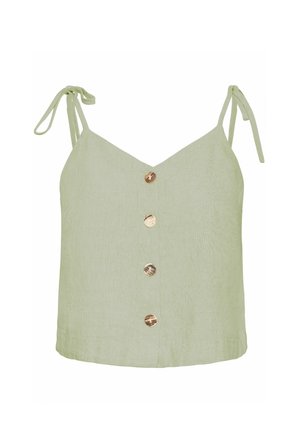 Šviesiai žalia be rankovių palaidinė su reguliuojamomis raištelėmis, V formos iškirpte ir penkiomis medinėmis sagomis viduryje, tekstūruotas audinys.