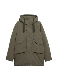 Olijfgroene parka-jas gemaakt van een gladde, waterafstotende stof. Heeft een capuchon, grote voorzakken en een knoopsluiting.