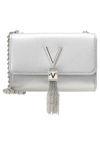 Silver leather crossbody bag with textured finish, featuring a metallic "V" logo and a chain tassel accent. Chain strap included.