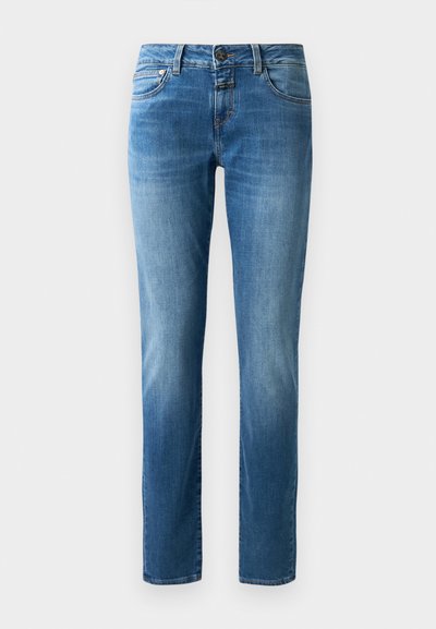 Blå denimjeans med rett ben-design, med knappelukking, fem lommer og subtil falming. Glatt tekstur med oransje søm.