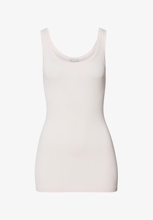 Top a canottiera beige chiaro realizzato in un tessuto elastico e liscio. Presenta un collo rotondo e spalline sottili. Design semplice, senza motivi o decorazioni visibili.