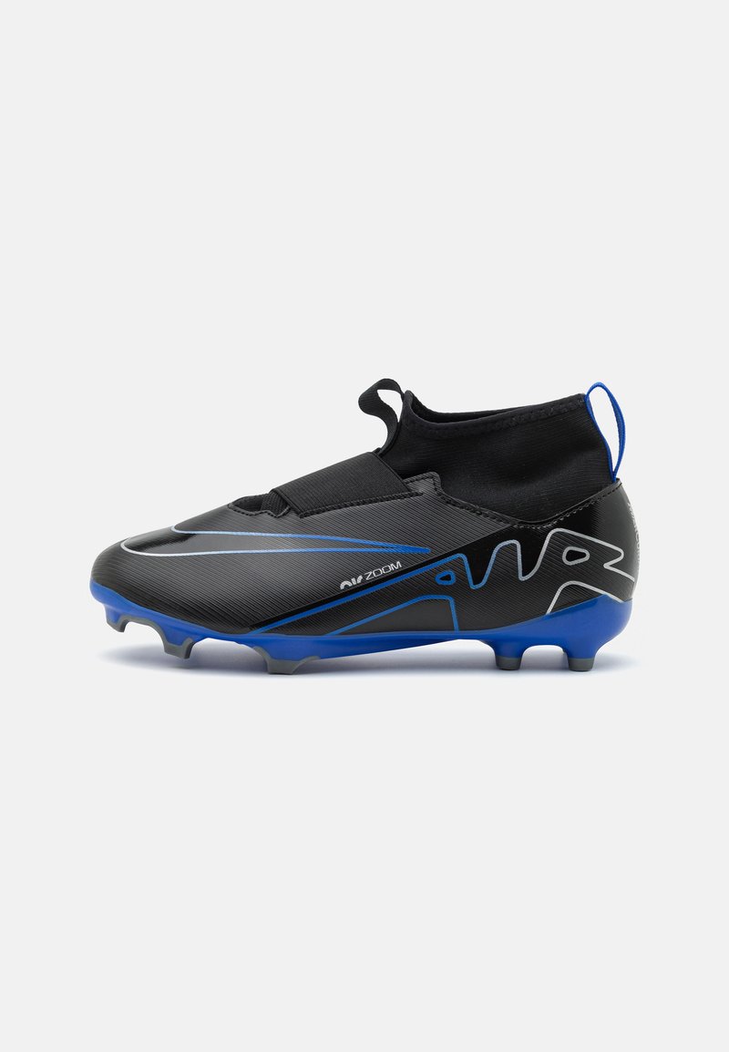 Black soccer cleat with a sleek design, featuring a textured finish, blue accents, and a pull tab at the heel. Round studs for traction.