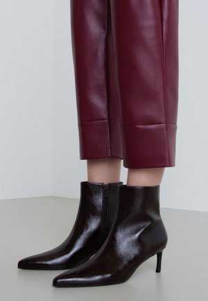 Glänzende schwarze spitze Stiefeletten mit schlanken Absätzen, getragen zu knöchellangen bordeauxfarbenen Lederhosen vor einfarbigem Hintergrund.