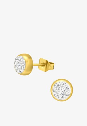 Gouden studoorbellen met een ronde vorm en een cluster van heldere kristallen rond een centrale steen. Gepolijste metalen afwerking.