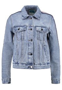 Jasnoniebieska kurtka dżinsowa o klasycznym kroju. Posiada przednie kieszenie, metalowe guziki oraz różowe paski na rękawach.
