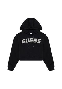 Haut court noir en tissu doux, avec capuche et un logo "GUESS" argenté bien visible sur le devant. Manches longues avec poignets côtelés.