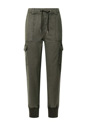 Pantalons cargo vert olive avec taille élastique et cordon de serrage, comprenant des poches latérales, des poignets côtelés et une coupe décontractée.