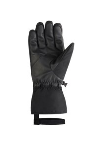 Zwarte handschoenen van leer en stof, met een gestroomlijnd ontwerp, vijf vingercompartimenten, elastische pols en verstelbare band.
