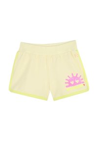 Pantaloni corti gialli con una vita elastica ribattuta, bordi verde neon e un design grafico rosa che presenta un sole con cuori.