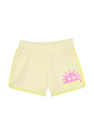 Pantaloni corti gialli con una vita elastica ribattuta, bordi verde neon e un design grafico rosa che presenta un sole con cuori.