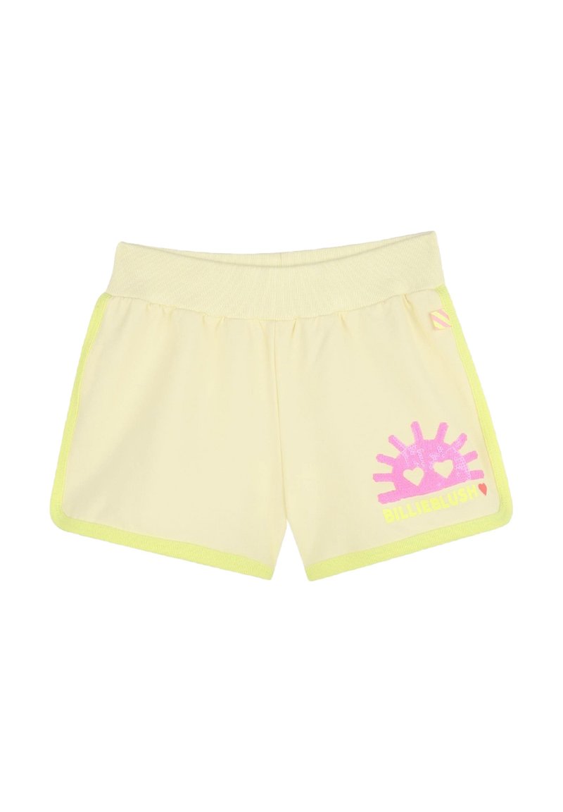 Pantaloni corti gialli con una vita elastica ribattuta, bordi verde neon e un design grafico rosa che presenta un sole con cuori.