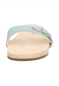 Light blue leather sandal with a single strap and metal buckle, featuring a natural wood insole and brown rubber outsole.