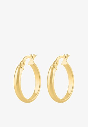 Auksiniai lankiniai auskarai su lygiu, apvaliu dizainu. Turi saugų užsegimą ir blizgantį paviršių, pabrėžiantį vientisą paviršių.