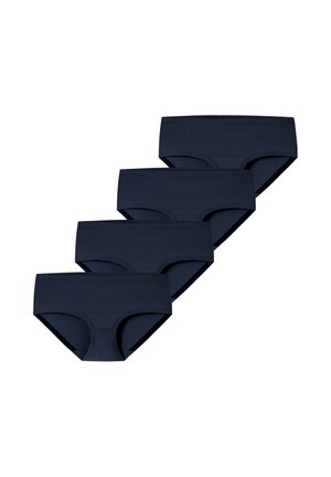 Cztery granatowe damskie majtki ułożone w kaskadowy stos na białym tle.
