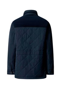 Donkerblauwe doorgestikte jas met opstaande kraag, met een gladde textuur, diagonale stikselpatronen en knoopaccenten op de manchetten.