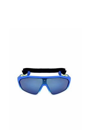 Occhiali da sole sportivi blu con lenti specchiate e cinturino nero regolabile per una vestibilità sicura durante l'uso attivo.