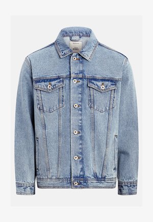 Svijetlo plava traper jakna s gumbima naprijed, dva džepa na prsima s preklopom i gumbima, bočni džepovi i klasični ovratnik.