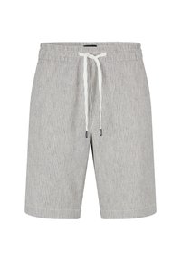 Gestreifte Badeshorts aus einem leichten Stoff mit einem Kordelzugbund. Die Farben zeigen hellgraue und dunkelblaue Streifen und haben einen knielangen Schnitt.