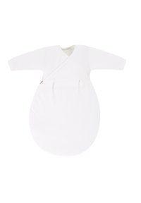 Weißer Baumwollschlafsack mit langen Ärmeln, Wickeldesign und einem gebogenen, abgerundeten Boden. Verfügt über einen Reißverschluss für einfachen Zugang.