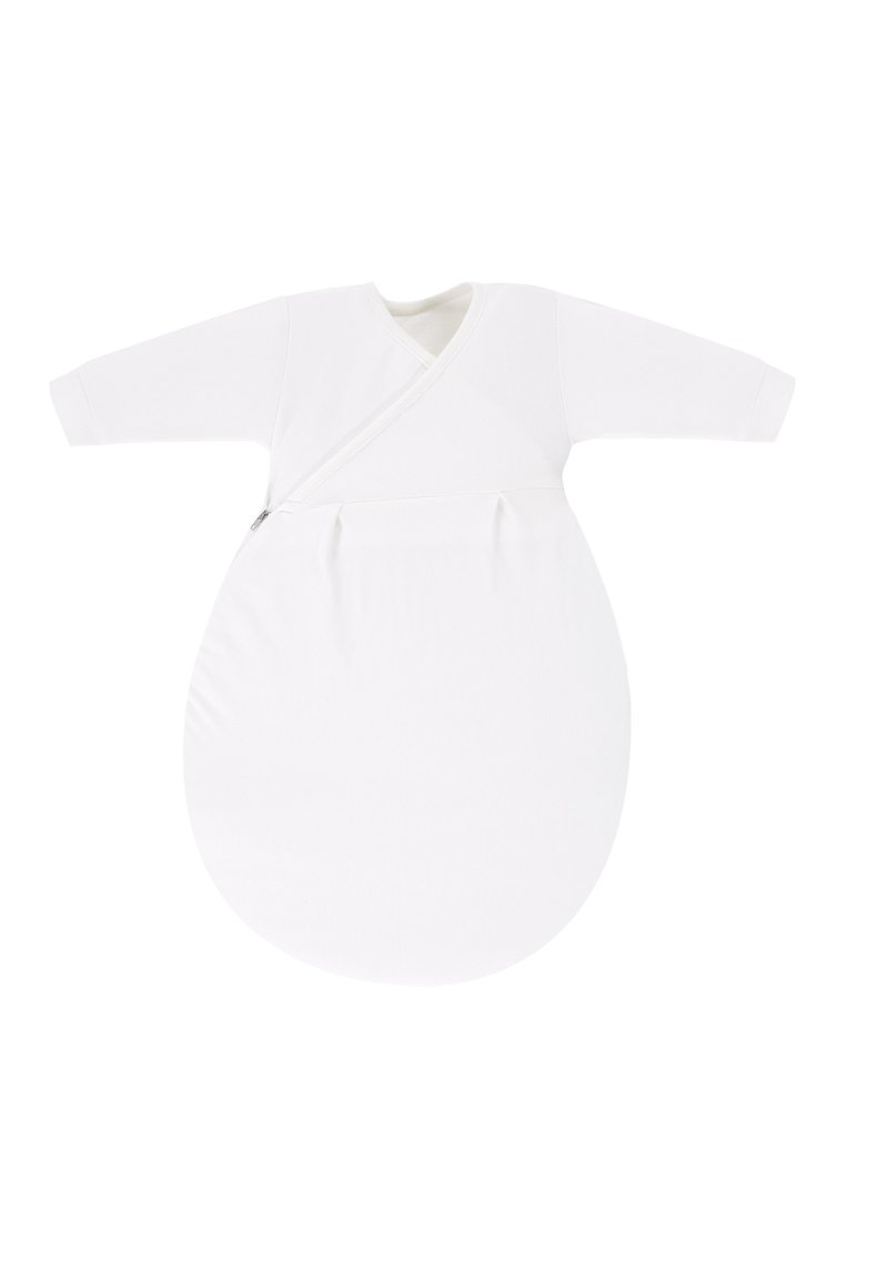 Weißer Baumwollschlafsack mit langen Ärmeln, Wickeldesign und einem gebogenen, abgerundeten Boden. Verfügt über einen Reißverschluss für einfachen Zugang.
