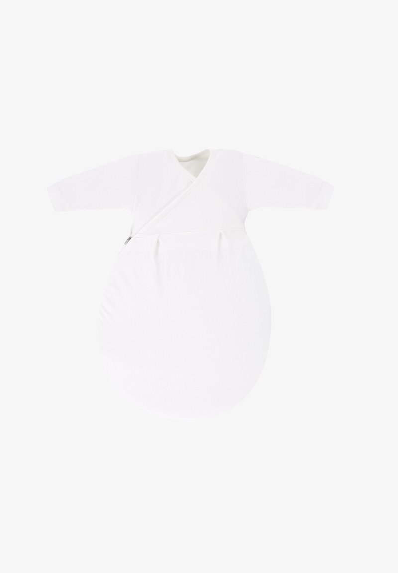 Weißer Baumwollschlafsack mit langen Ärmeln, Wickeldesign und einem gebogenen, abgerundeten Boden. Verfügt über einen Reißverschluss für einfachen Zugang.