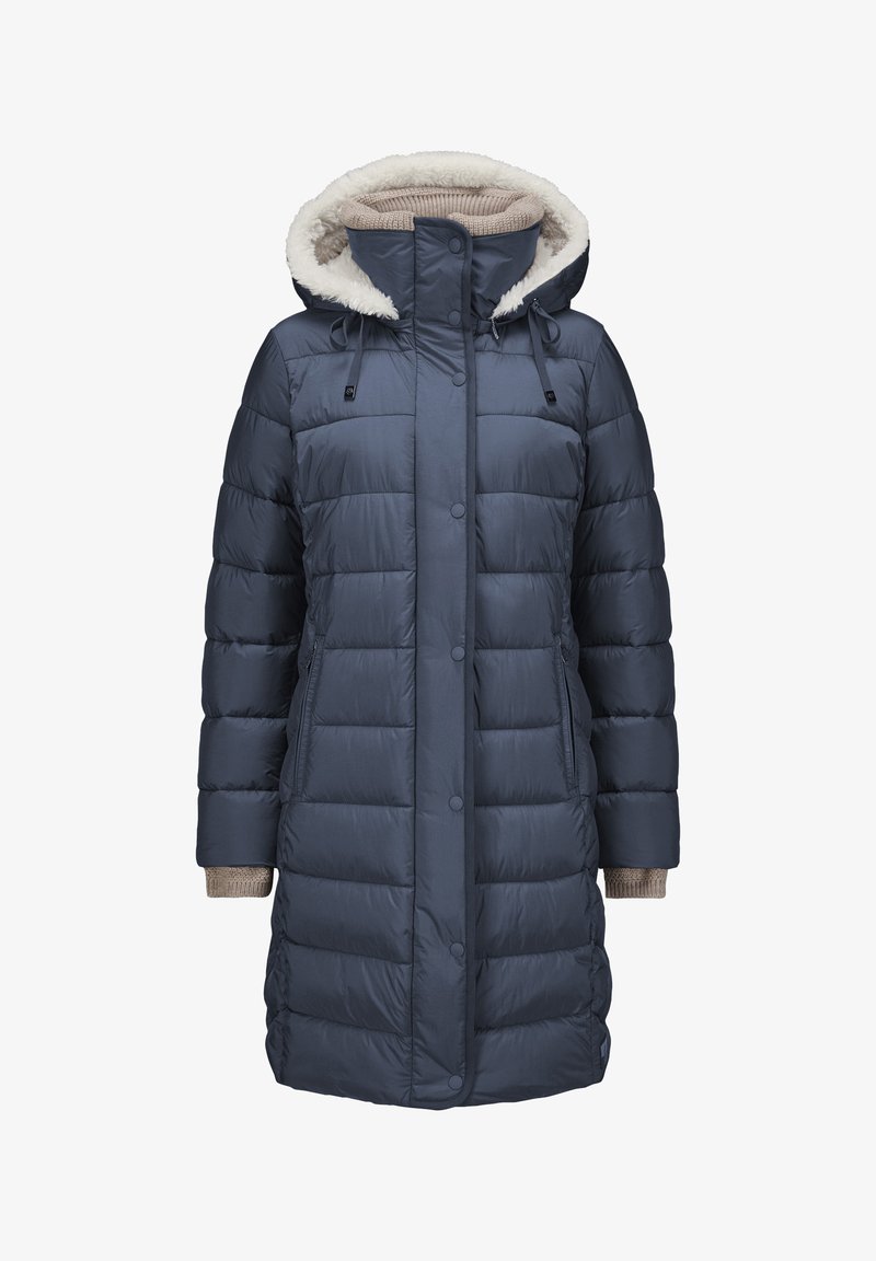 Marineblauer gepolsterter Parka mit einer Kapuze aus Kunstfell, Druckknöpfen und gestrickten Bündchen; verfügt über ein gestepptes Muster zur Isolierung.