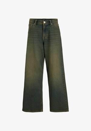 Jeans a gamba larga in denim verde-blu sbiadito. Presentano una vita alta, chiusura frontale con bottone e un classico design a cinque tasche.