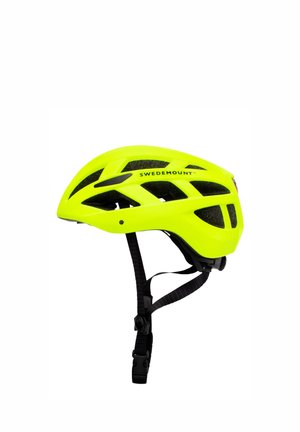 Leuchtend gelber Swedemount Fahrradhelm mit schwarzen Belüftungslöchern und verstellbaren schwarzen Kinnriemen.