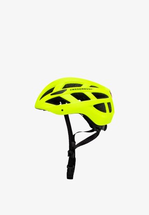Leuchtend gelber Swedemount Fahrradhelm mit schwarzen Belüftungslöchern und verstellbaren schwarzen Kinnriemen.