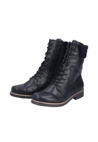 Czarne skórzane botki za kostkę z teksturowanym futrzanym kołnierzem, okrągłym noskiem, sznurowanym przodem i bocznym zamkiem błyskawicznym. Gumowa podeszwa z delikatnym obcasem.