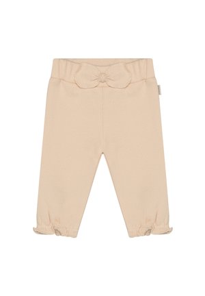 Babypants in Pfirsichfarbe aus weichem Stoff, mit einem elastischen Bund und einer Schleifendetail sowie gerafften Säumen an den Knöcheln.