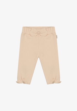 Pantalones de bebé color durazno hechos de tela suave, con cintura elástica adornada con un lazo y dobladillos con volantes en los tobillos.