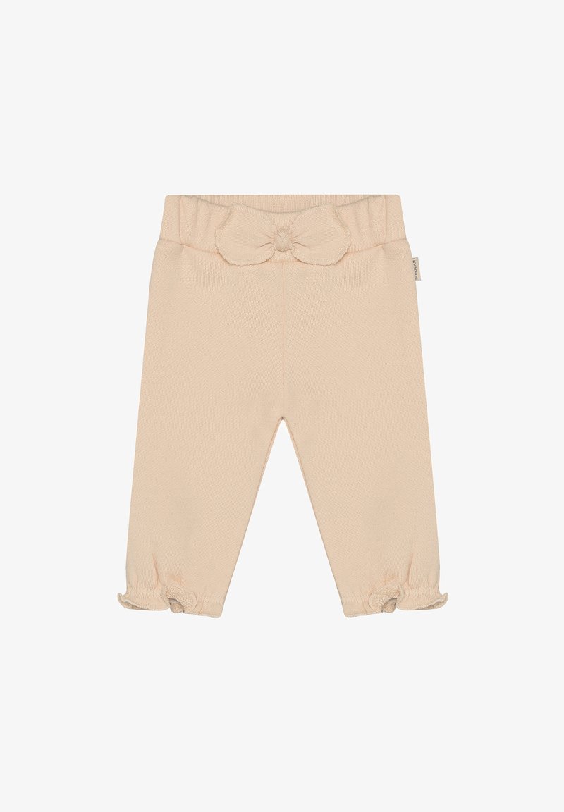 Pantalon pour bébé couleur pêche en tissu doux, avec une taille élastiquée ornée d'un nœud et des bords froncés aux chevilles.