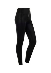 Sorte tights laget av glatt, elastisk stoff med høy midje, med detaljer som glidelås på siden og en skreddersydd passform.
