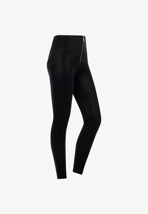 Leggings neri realizzati in un tessuto liscio e elasticizzato con vita alta, dotati di dettaglio con zip laterale e vestibilità su misura.