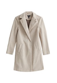 Kerman beige villa sekoituksella, jossa on kaulus, pitkät hihat ja sivutaskut. Suora pinta, jossa on muotoiltu siluetti ja siistit linjat.