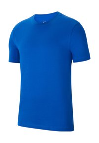 T-shirt blu a maniche corte in cotone, con collo rotondo e una superficie liscia. Presenta un piccolo logo sul colletto.