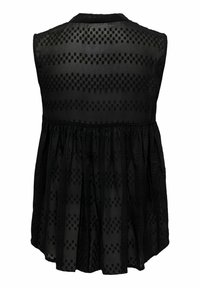 Mustapaitainen, hihaton toppi, jossa on teksturoitu kuvio pienistä pisteistä ja vaakasuorista raidoista. Vyötäröllä on poimuttava yksityiskohta, joka luo virtaavan siluetin.