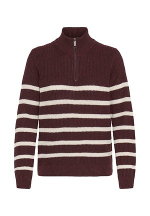 Pulover tricotat de culoare burgundy, cu dungi orizontale albe, având gât înalt și un fermoar pe jumătate. Textura este ribbel și groasă.