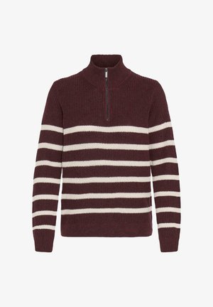 Pulover tricotat de culoare burgundy, cu dungi orizontale albe, având gât înalt și un fermoar pe jumătate. Textura este ribbel și groasă.