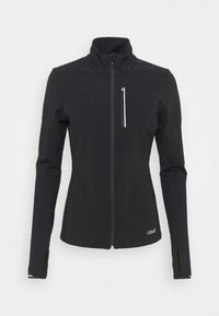 Mustat vetoketjulliset takki, joka on valmistettu joustavasta materiaalista, jossa on korkea kaulus, pitkät hihat ja vetoketjullinen rintatasku, jossa on valkoinen reunus.