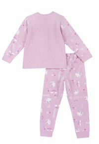 Růžový pyžamový set s dlouhým rukávem, který obsahuje jednobarevný vršek a kalhoty se vzorem jednorožců, hvězd a srdcí. Vyrobeno z měkkého bavlněného materiálu.