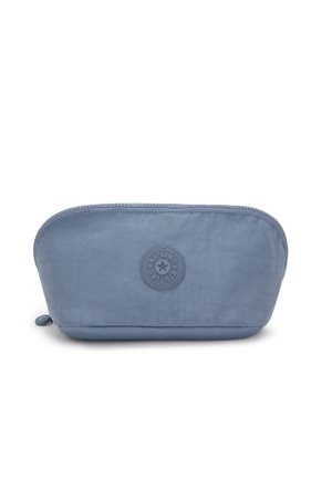 Blue nylon cosmetic pouch with rounded shape, zip closure, and embossed logo detail. Smooth texture with a subtle sheen.