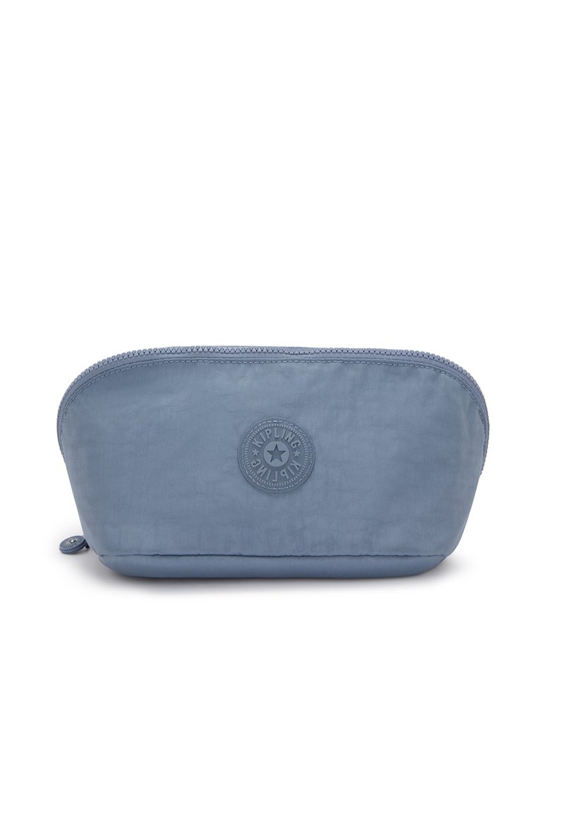 Tracolla cosmetica in nylon blu, dalla forma arrotondata, con chiusura a zip e dettagli in rilievo del logo. Texture liscia con un leggero lucido.